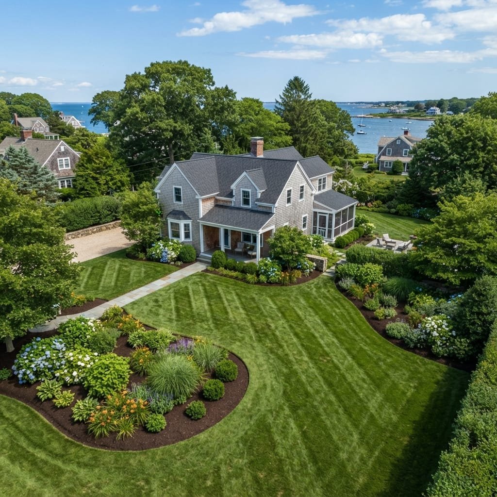 Freshly edged lawn with mulch bed, coastal home in background