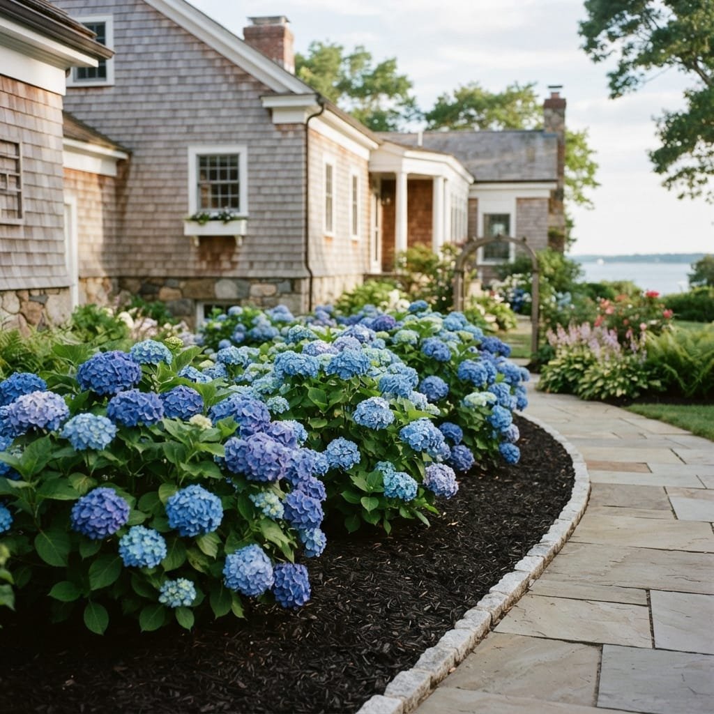 Clean hydrangea bed with bark mulch edges