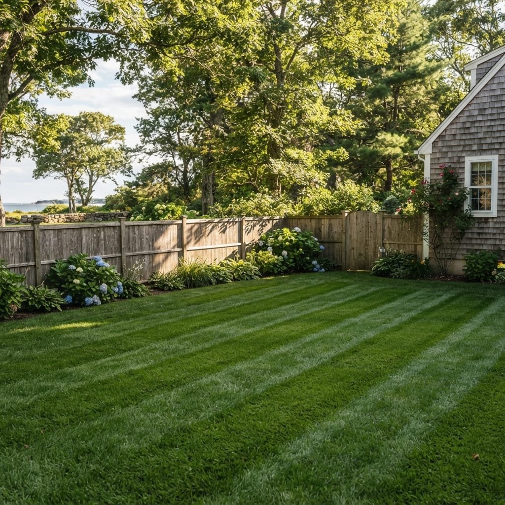 Striped mowing pattern on residential lawn