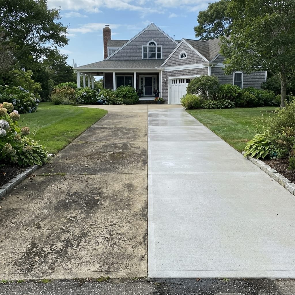 Power washed driveway showing before and after contrast