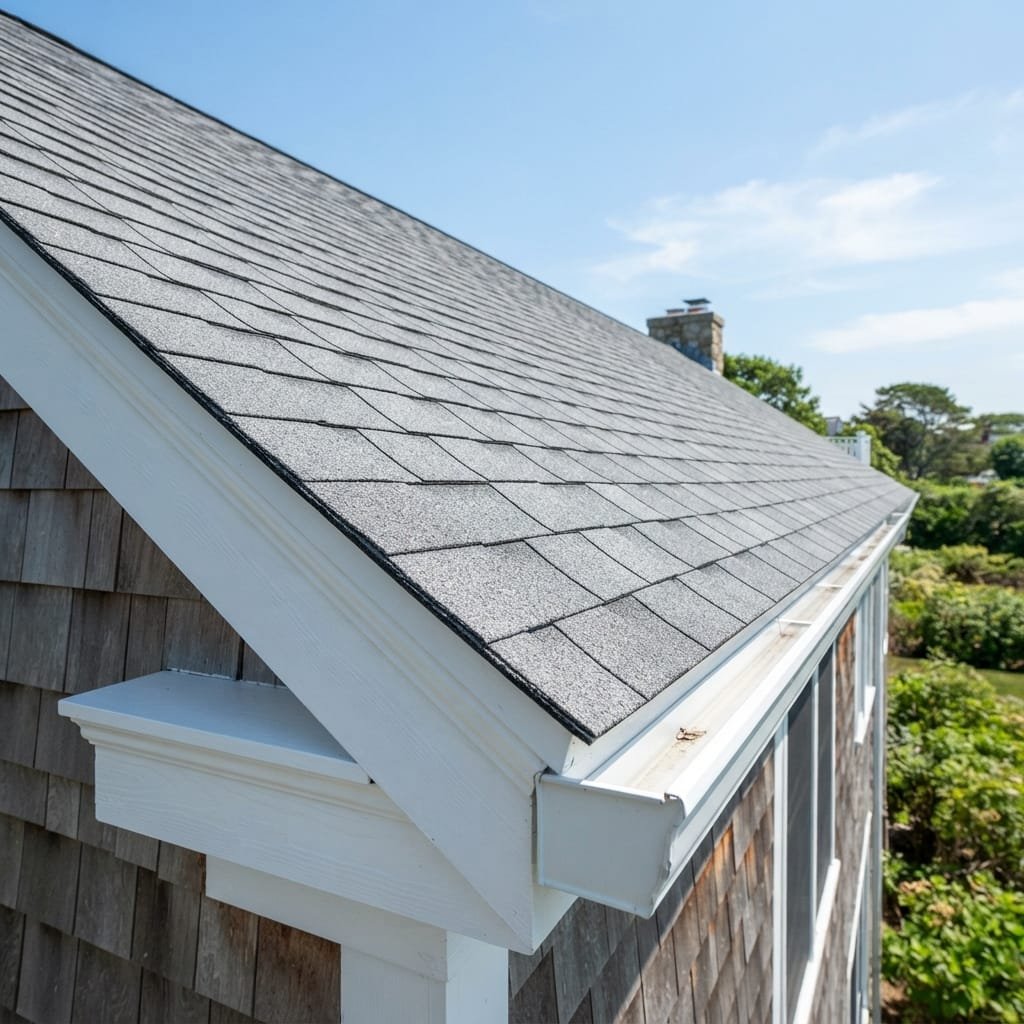 Soft wash roof cleaning on New England shingle home