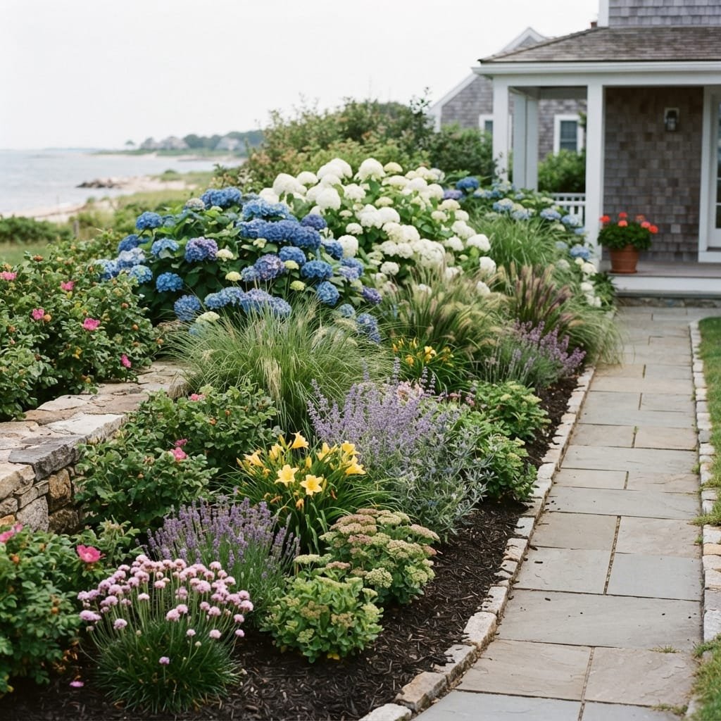 Coastal garden beds with blooming hydrangeas