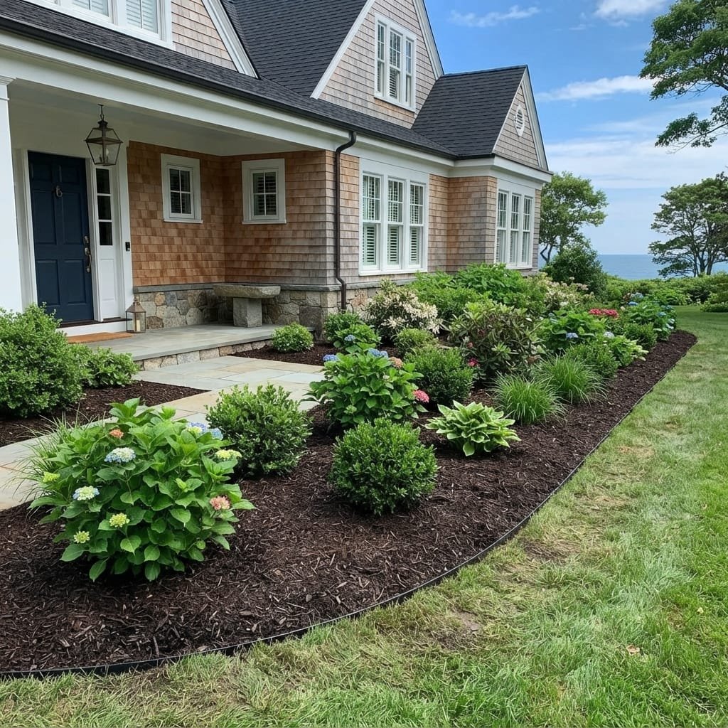 Freshly installed mulch bed with clean edges