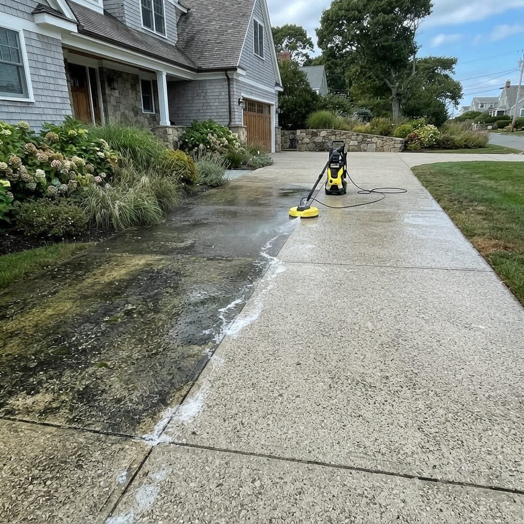 Power washing a shingled home exterior